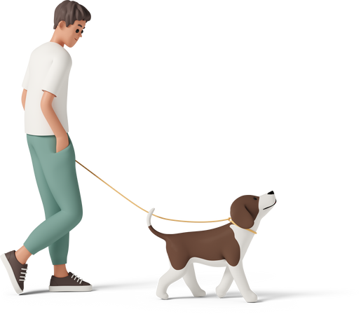 3D young man walking dog on leash PNG, SVG