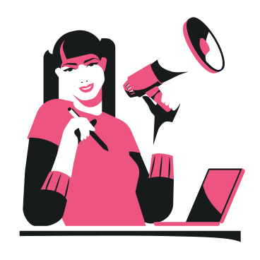 Illustration animée Marketing girl avec un mégaphone à la main aux formats GIF, Lottie (JSON) et AE