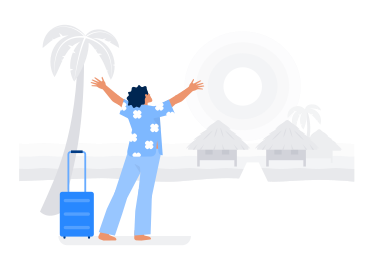Man in Hawaiian shirt with suitcase on background of ocean, palm trees and beach houses PNG, SVG