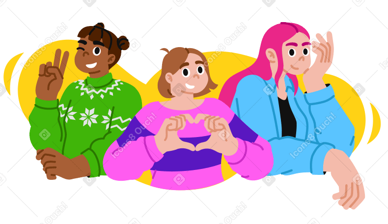 Young joyful women showing v sign and heart hands PNG, SVG
