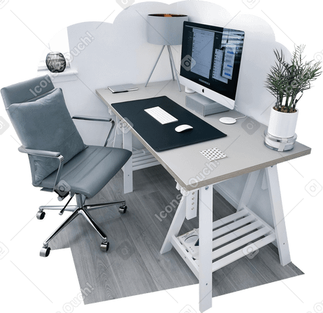 Sfondo con una scrivania, una poltrona e un computer PNG, SVG