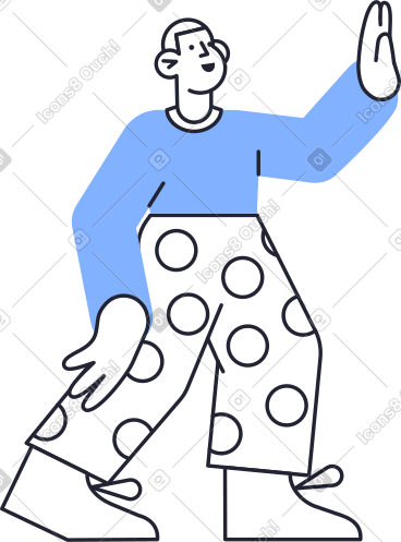 Man in blue sweater and polka dot pants with hand up PNG, SVG