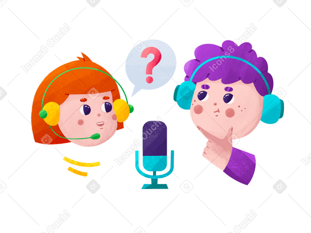 Young girl and boy recording a podcast Illustration in PNG, SVG