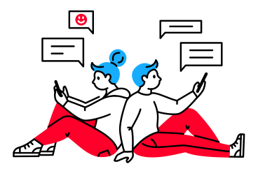 Illustration animée Femme et homme assis dos à dos et regardant leurs smartphones aux formats GIF, Lottie (JSON) et AE