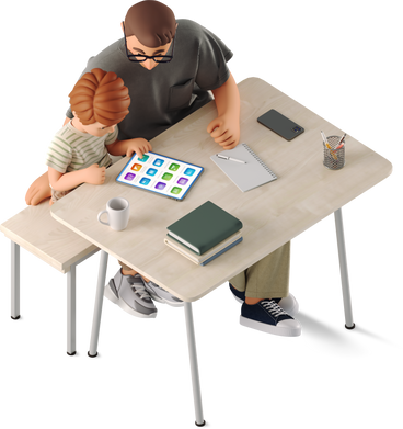 young man and boy sitting at a desk в PNG, SVG