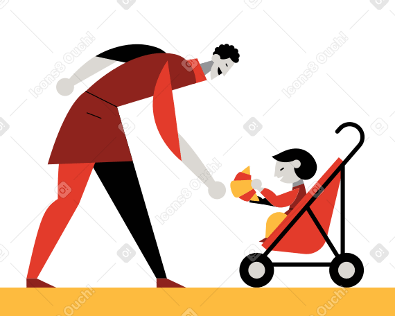 유모차에 탄 아이에게 크루아상을 주는 남자 PNG, SVG