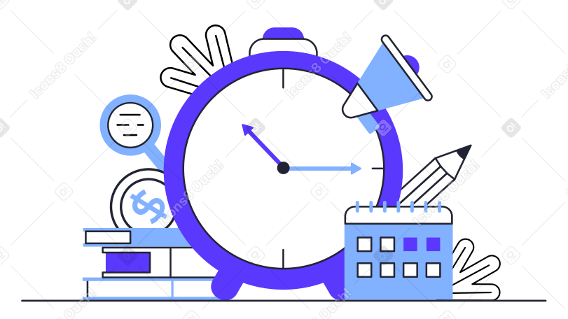 알람 시계, 책, 돋보기, 확성기로 시간 관리 PNG, SVG