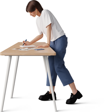 Молодая женщина опирается на стол и пишет в PNG, SVG