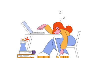 Tired girl sleeping at the desk at work PNG, SVG