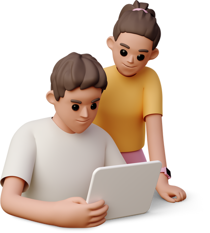 young man and woman looking at tablet Illustration in PNG, SVG