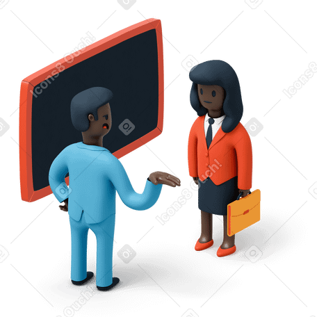 3D Business people standing near blackboard and having a work conversation PNG, SVG