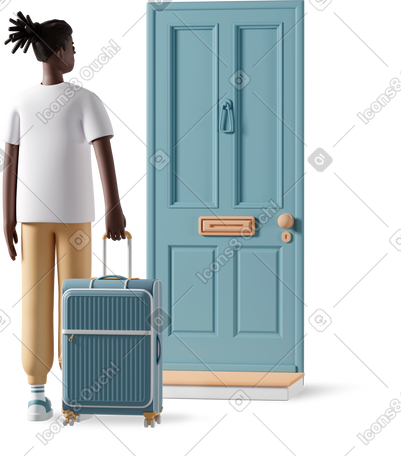 3D boy with suitcase and door travel PNG, SVG