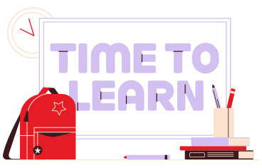 Schriftzug „time to learn“ an bord mit rucksack und bleistifttext PNG, SVG