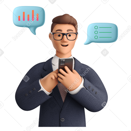 3D Man checking business statistics on the phone Illustration in PNG, SVG