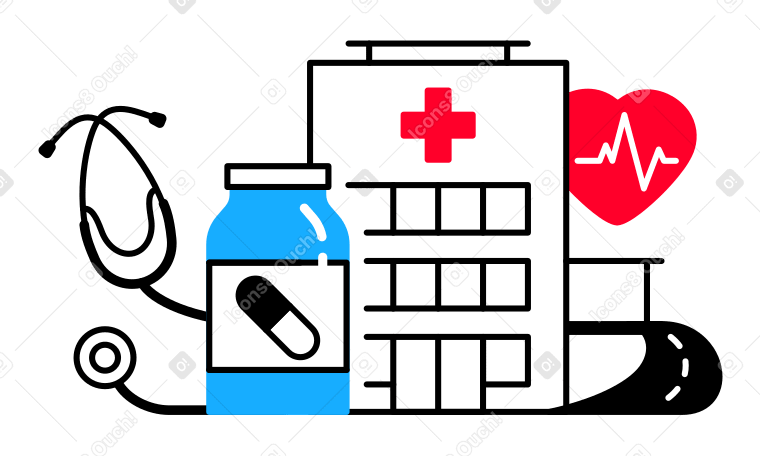 Illustrazione animata Edificio ospedaliero, vasetto di pillole, stetoscopio e cuore con cardiogramma in GIF, Lottie (JSON), AE