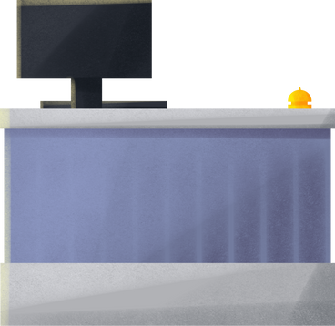 reception desk with a computer and a desk bell PNG, SVG