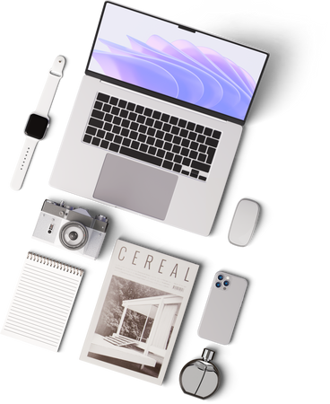 Vista dall'alto di laptop, smartphone, fotocamera, smartwatch e notebook PNG, SVG