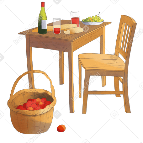 Picnic table with basket and drink on it Illustration in PNG, SVG
