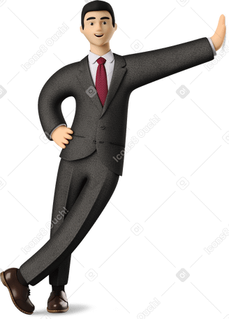 3D businessman in black suit leaning hand on wall Illustration in PNG, SVG