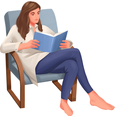 Frau sitzt in bequemer kleidung auf einem sessel und liest ein buch PNG, SVG