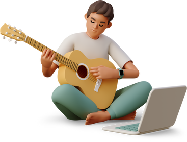 man sitting in front of laptop and plays guitar PNG, SVG