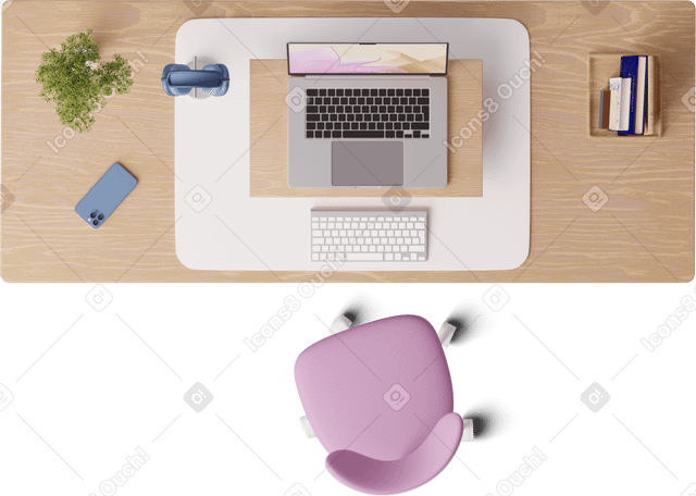 3D top view of desk with laptop PNG, SVG
