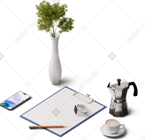 3D isometric view of clipboard, smartphone, smartwatch and moka pot PNG, SVG