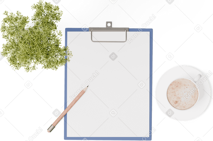 3D top view of clipboard, cup of coffee, and plant PNG, SVG