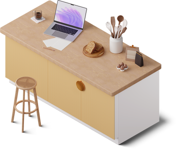 Isometric view of workspace on the kitchen island PNG, SVG