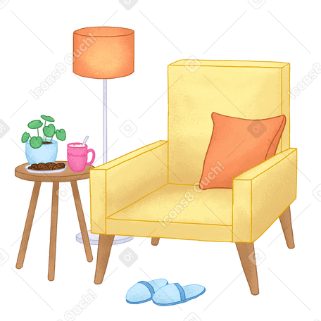 Acogedor sillón, mesa de centro y lámpara de pie. PNG, SVG