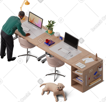 Isometric view of man working in the office with dog PNG, SVG