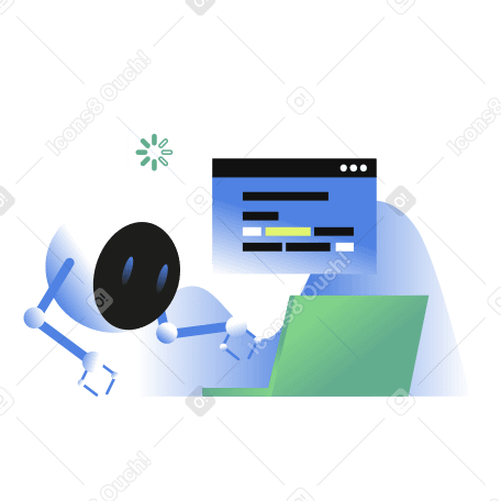 Robot assistant working on laptop animated illustration in GIF, Lottie (JSON), AE