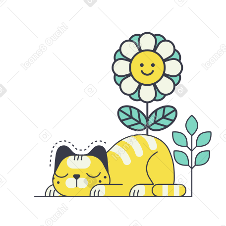 Cat sleeping under a cute flower Illustration in PNG, SVG