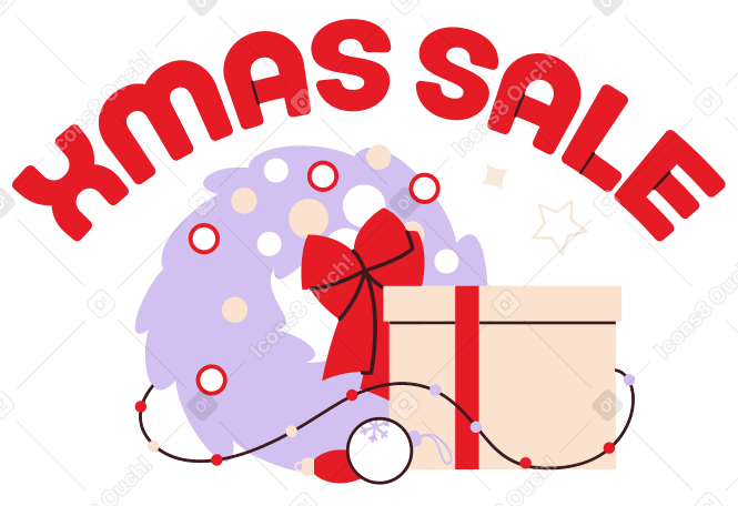 Надпись рождественская распродажа с подарочной коробкой и текстом рождественского венка в PNG, SVG