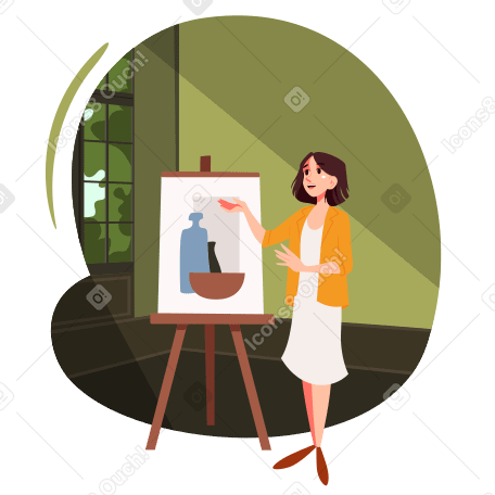Young girl presents a painting in a gallery PNG, SVG