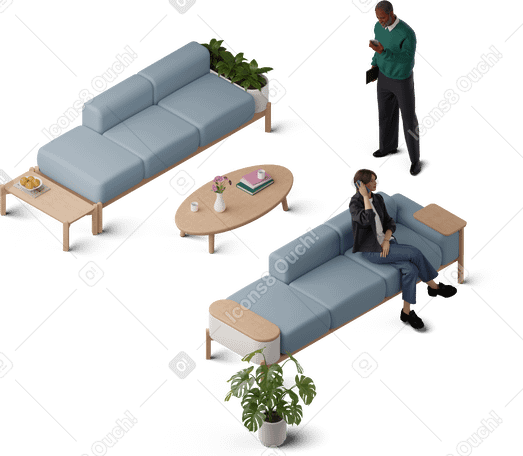 3D isometric view of young woman talking on phone and man with smartphone PNG, SVG