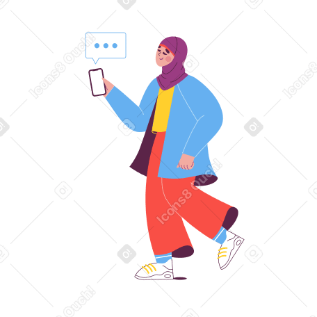Muslim woman walking and texting on the phone Illustration in PNG, SVG