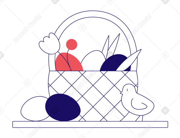 Корзина с пасхальными яйцами, цветами и цыплёнком в PNG, SVG