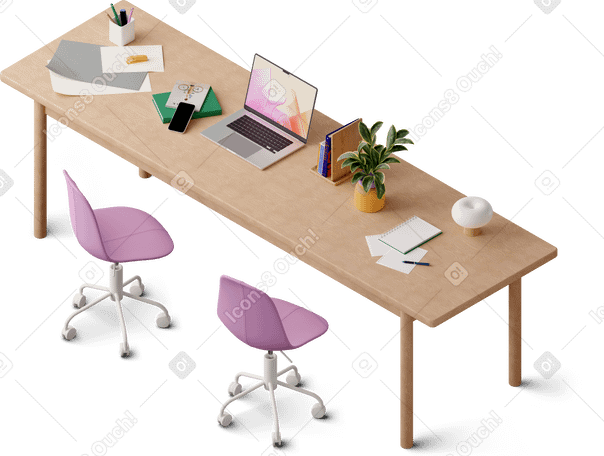 3D Изометрический вид офисного стола со стульями, ноутбуком и бумагами в PNG, SVG