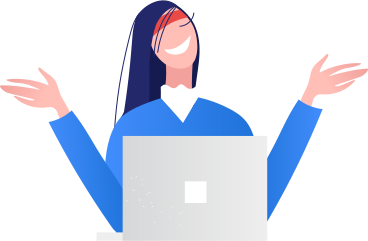 happy woman sits at the computer and spreads her arms to the sides PNG, SVG