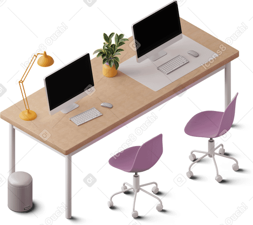 3D isometric view of office desk with two monitors PNG, SVG