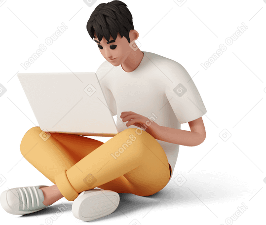 3D man sitting cross-legged and working on laptop PNG、SVG