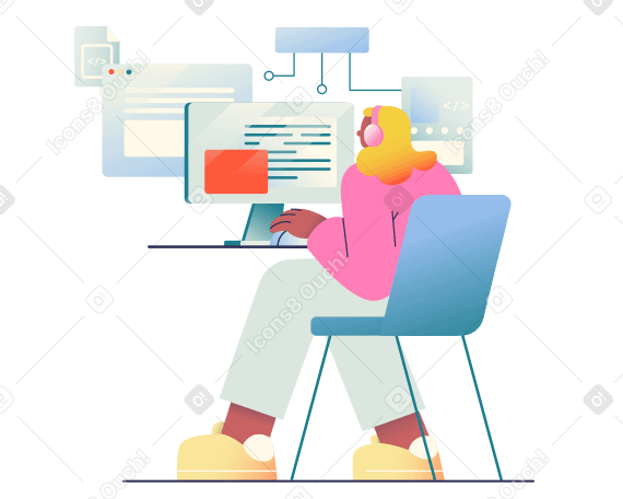 Illustrazione animata Donna seduta alla scrivania e programmazione in GIF, Lottie (JSON), AE