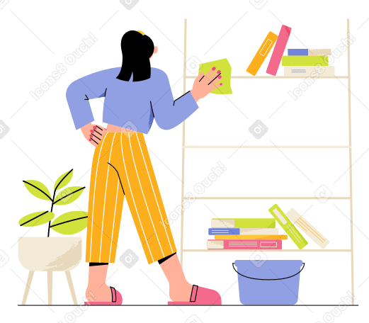 Woman cleaning a bookshelf with cloth PNG, SVG