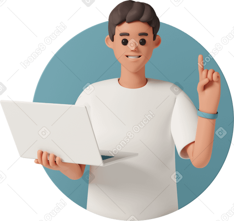 3D Junger mann hält laptop und zeigt nach oben PNG, SVG