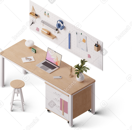 3D isometric view of work desk PNG, SVG