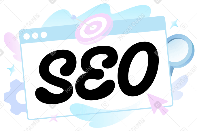 Надпись seo с текстом цели, лупы и шестерни в PNG, SVG