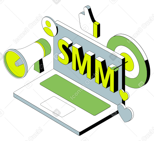 Letras smm con texto de megáfono, objetivo y iconos de redes sociales PNG, SVG