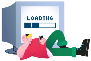 Ilustración animada de Hombre con gorro acostado y sosteniendo su teléfono inteligente cerca del monitor en GIF, Lottie (JSON), AE