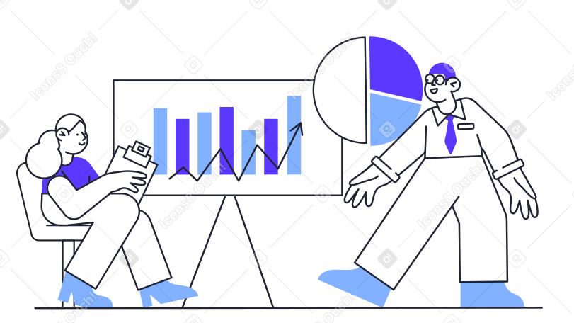 Illustrazione animata Dipendenti che danno una presentazione con le statistiche in GIF, Lottie (JSON), AE